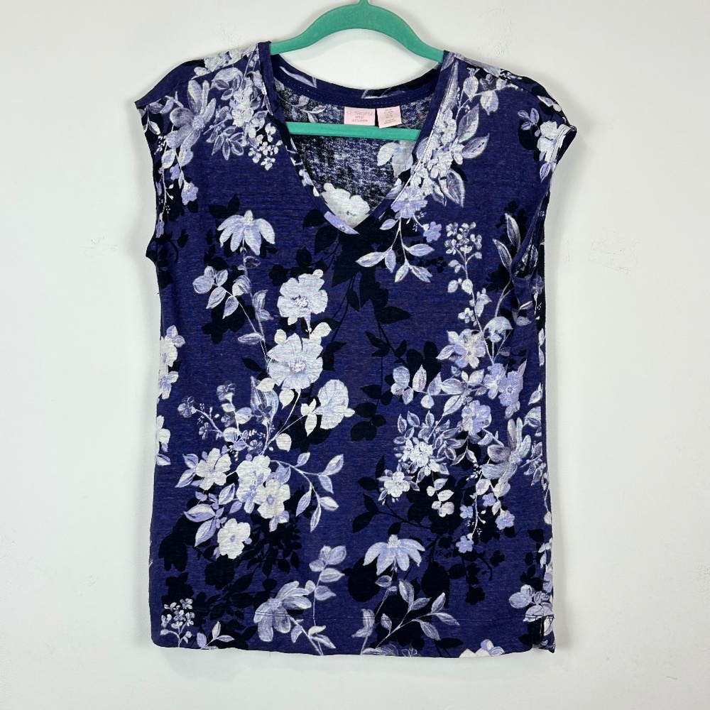 St. Tropez West 100% Linen Purple Floral Cap Sleeve Top M Beach Resortwear